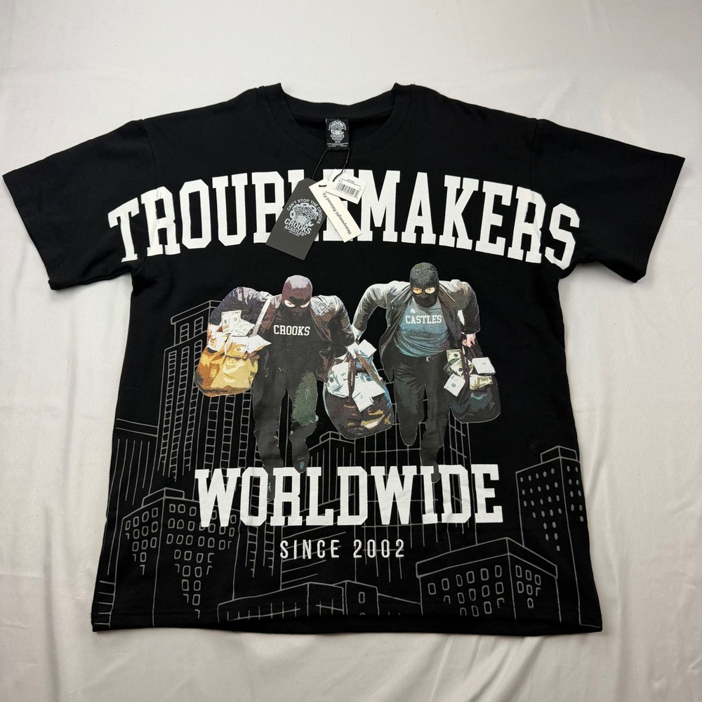 Crooks & Castles T-Shirt Mens Medium Black Troublemakers World Tour Graphic Tee